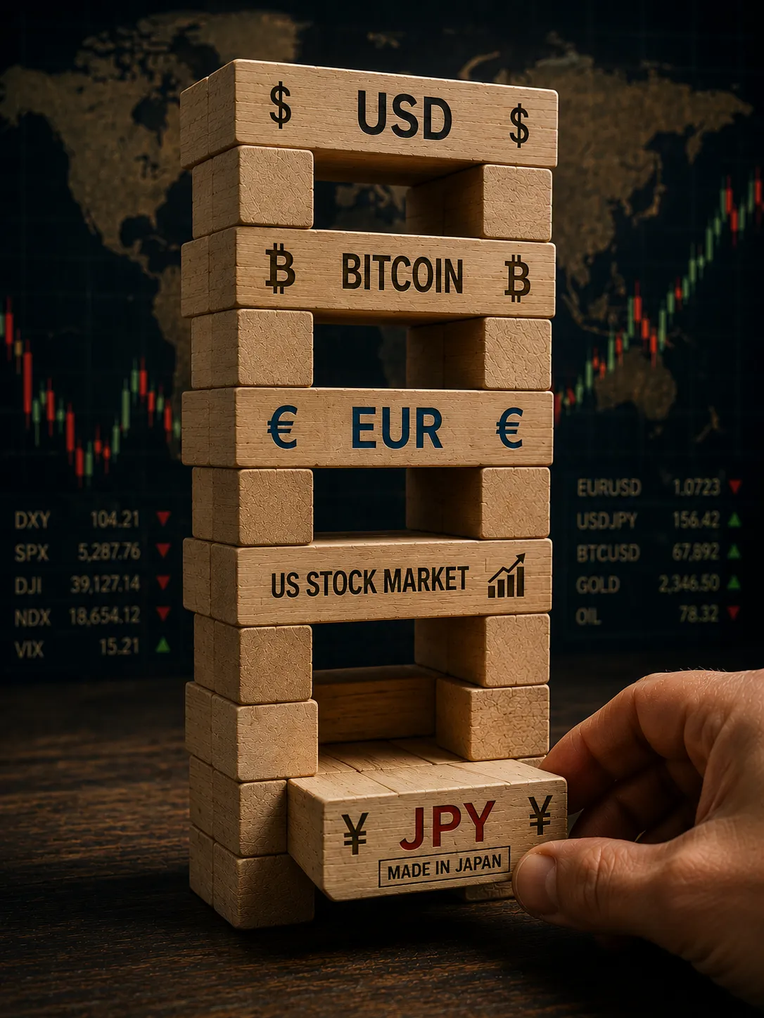 A tower of world-currency blocks with a hand pulling out the JPY block